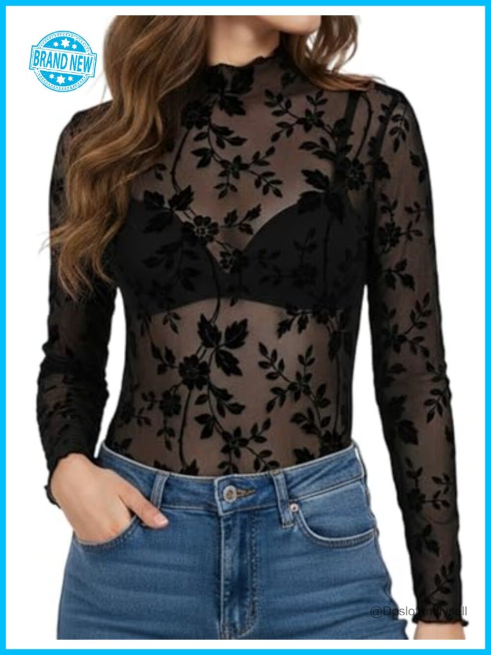 Lace Long Sleeve Mesh Sheer Top Mock Neck Fitted Blouse Going Out